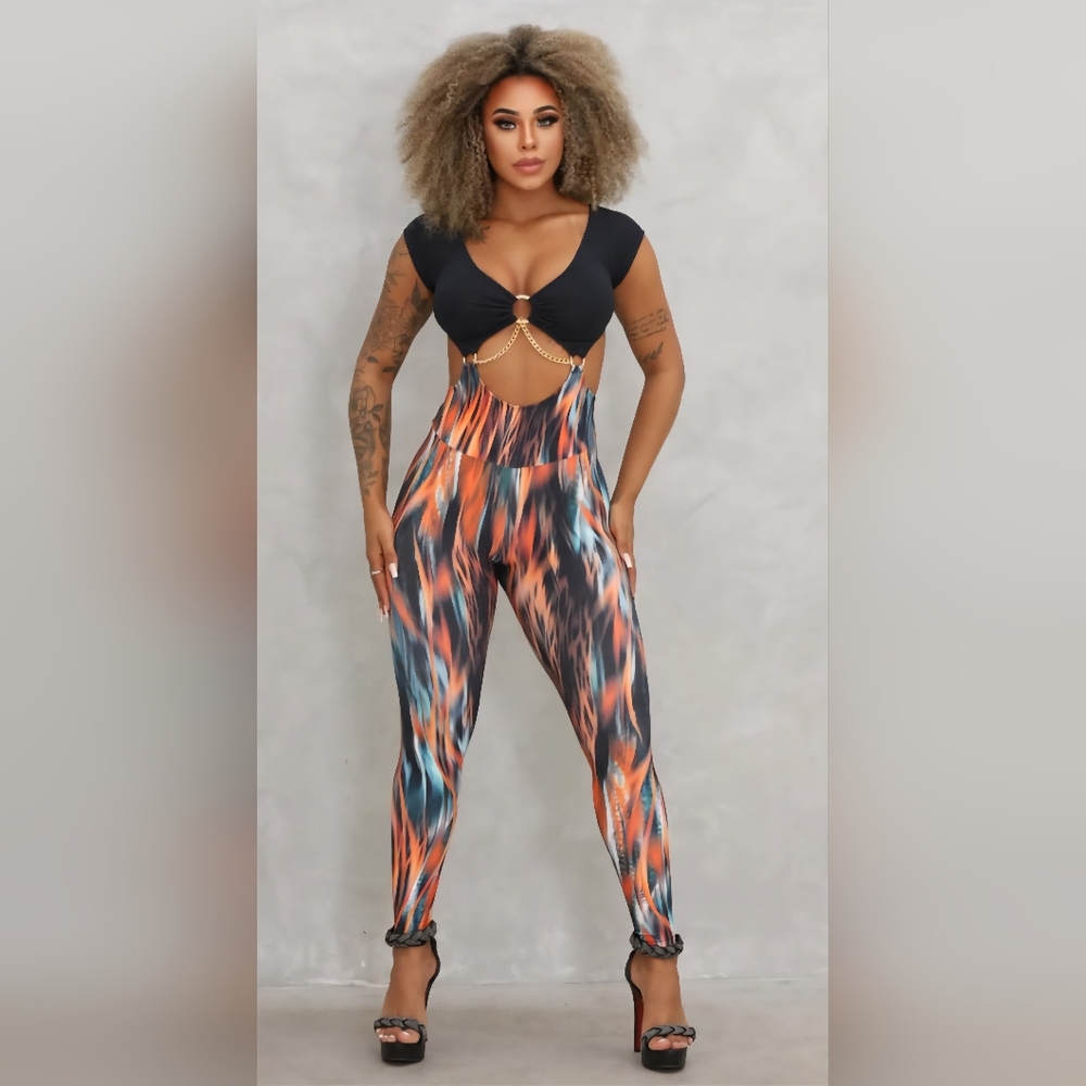 Chic Black and Orange Patterned Jumpsuit